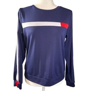 Navy Blue Long Sleeve Sweatshirt with White Red Stripe Detail Women's Size L